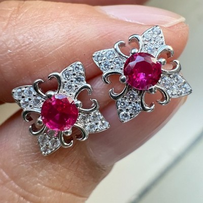 925 Sterling Silber Ohrringe 3mm Natur Rosa Rubin Zirkon Handarbeit Blume Geschenk