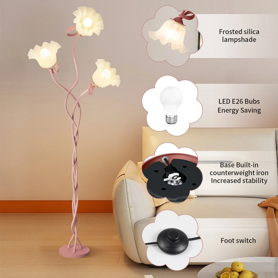 (Free Bulbs*3)Pink Flower Floor Lamp, Viral Swan Neck LED for Aesthetic Room - Image 4 of 4