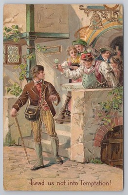 um 1910 deutsche Prägepostkarte ''Führe uns nicht in Versuchung'' PFF Relief
