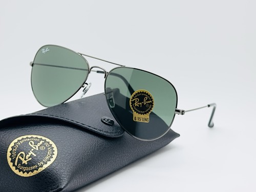 Ray-Ban RB3026 Aviator 62mm Metal Sunglasses - Gunmetal Frame Green G-15 Lens - Picture 2 of 7