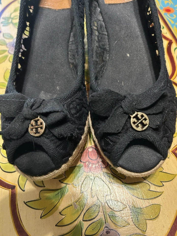 Tory Burch Jackie Wedges Black Sandals shoes Espadrilles Women's Size 9 B Bow - Image 3 of 4