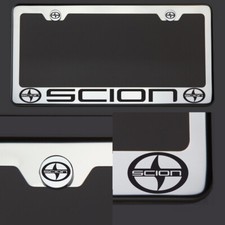 New Chrome T304 License Plate Frame Tag Scion Black Letter Laser Etched Engraved