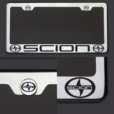 New Chrome T304 License Plate Frame Tag Scion Black Letter Laser Etched Engraved