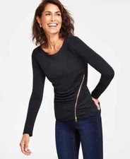 I.n.c. International Concepts Women's Long-Sleeve Side-Zipper Top, Small - Black
