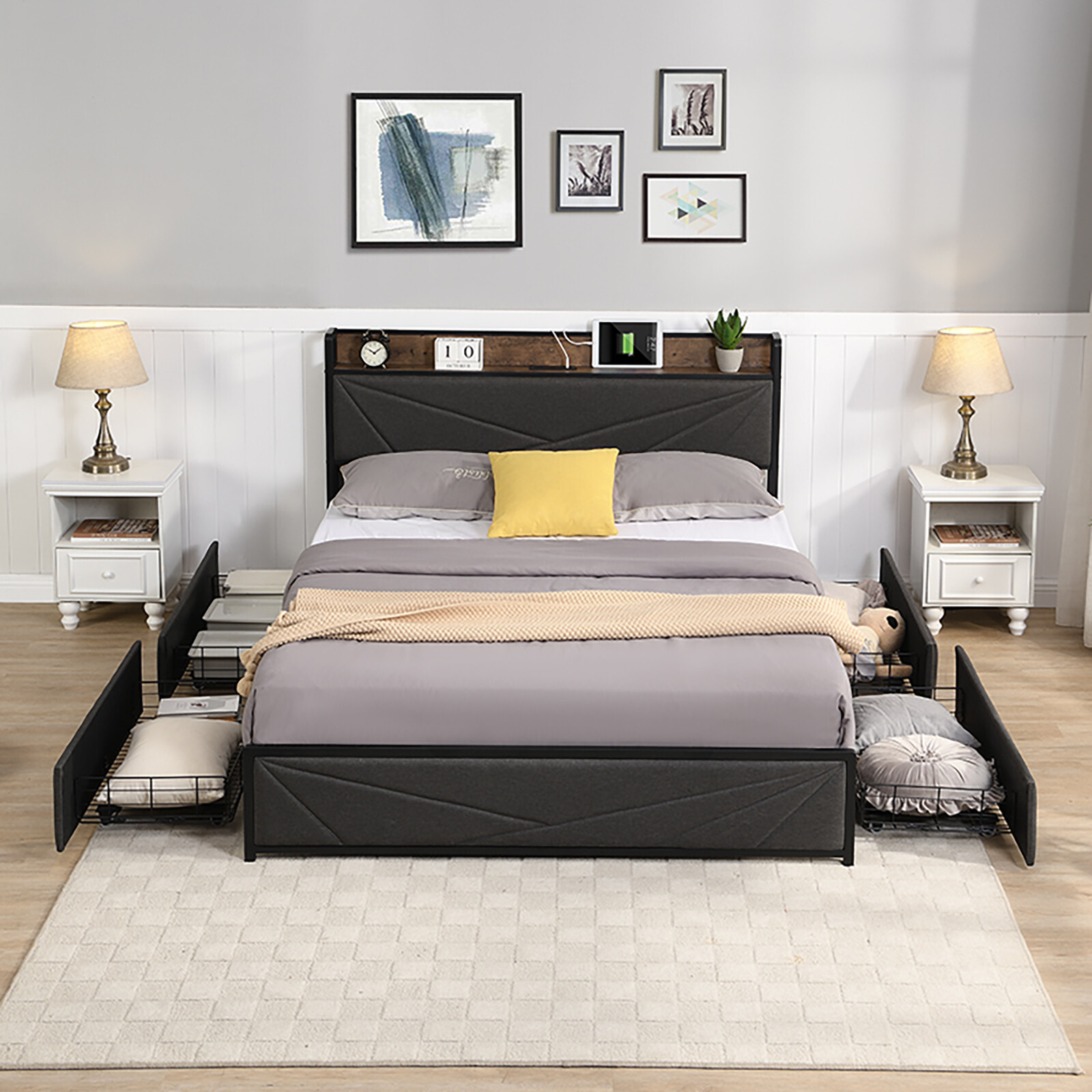 Queen Bed Frame with Storage Headboard, Upholstered Metal Platform Bed Frame eBay
