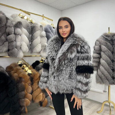 Women Thick Genuine Silver Fox Fur Shawl Collar Jacket Winter