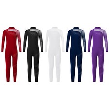 Kids Girls Dancewear Turtleneck Bodysuit Gymnastics Jumpsuit Rhinestones Shiny