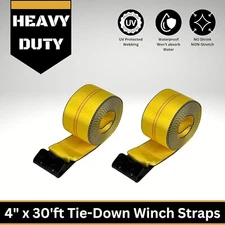 Winch Straps 4" x 30' 2Pc Pack Heavy Duty Tie Down w/Flat Hooks Flatbed Trailer
