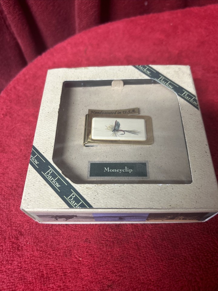 Barlow Fly Fishing Money Clip Holder Gold Tone Hand Painted NOS eBay