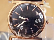 Image of Ladies Retro Design Rose-Gold Orla Kiely Cecelia Black Leather Watch OK2044 BNIB