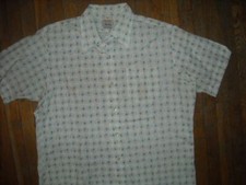 VTG 70S Men LARGE BLUE SURF Disco button Geometric PRINT SHORT Sleeve Shirt