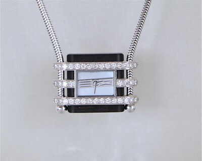Van Cleef & Arpels 18K White Gold Pave Diamond 26'' Necklace Pendant Wood Watch