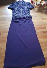 Papell Boutique Evening Silk Beaded Blouse Skirt Suit Outfit Purple 10 EUC