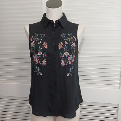 i Joah Blouse Womens Small Embroidered Black Button Front Sleeveless Boho