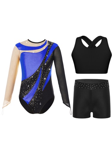 Kids Girls Long Sleeve Leotard Dance Bodysuit Crop Tops Vest with Shorts Set - Picture 28 of 80