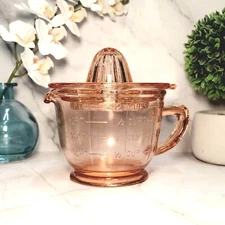 Pink Amber Depression Style Glass Measuring Cup & Juicer Reamer, Vintage Bowl