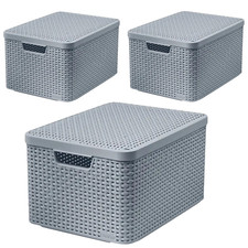 3x 30L Large Storage Box Basket Container Grey Lidded Curver Rattan Plastic HQ