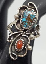 Navajo Vintage Sterling Silver Turquoise Coral Native Made Ring Size 7