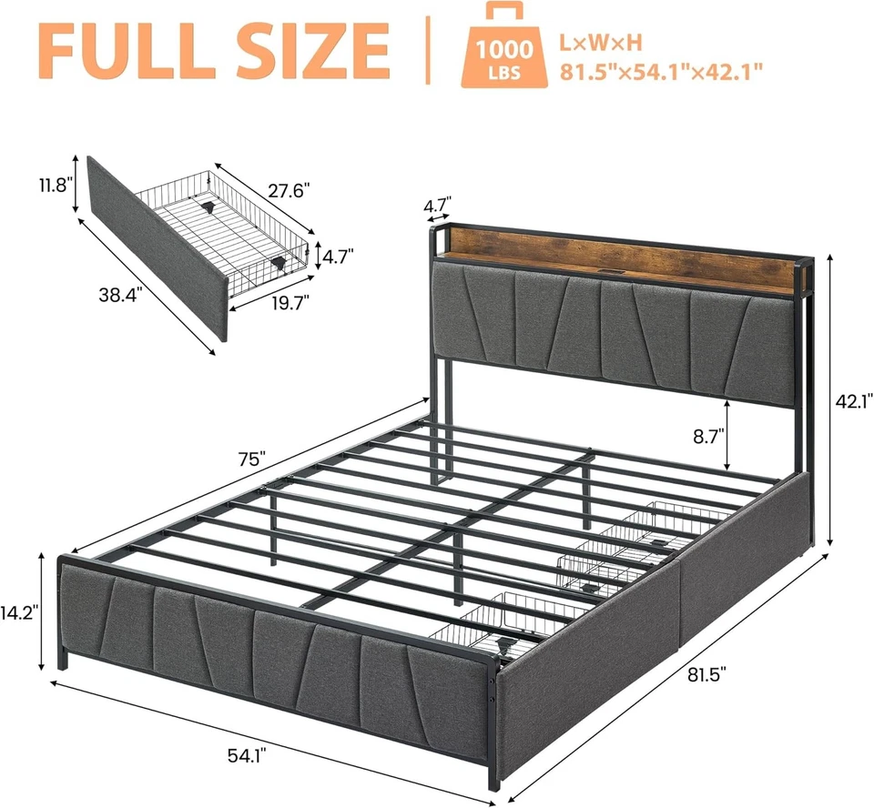Marco de cama tamaño completo con 2 cajones de almacenamiento cabecero tapizado plataforma metálica Foto 2 de 4