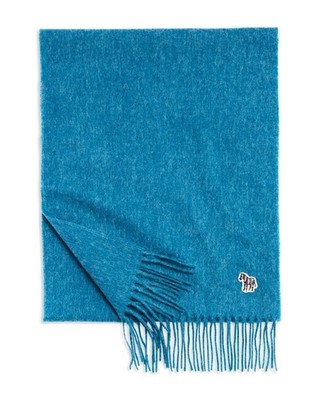 Paul Smith Fringe Trim Wool Scarf Men's Blue Heather Zebra Logo Detailing