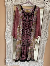 Unique Mix Of Prints Embroidery Lace Side Slit Loungewear Caftan Maxi Dress M/L