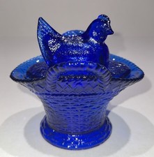 Westmoreland Cobalt Blue Glass Hen on Basket/ Chicken Covered Dish