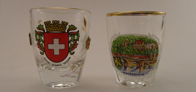 2 Vintage Shot Glasses Suisse Schweiz Svizzer Switzerland Heidelberg Germany