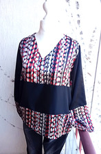 HANDGENÄHT Da. Seiden Satin Bluse Schwarz Rot Bunt Gr. 38/40