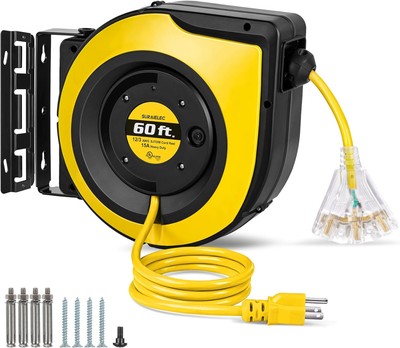 SURAIELEC 12 Gauge Extension Cord Reel, 60 FT Retractable Yellow 
