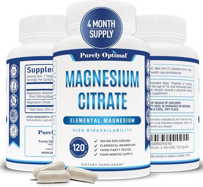 Purely Optimal Magnesium Citrate 500mg - Citrato de 120 Count (Pack of 1) 