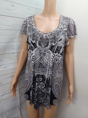 World Unity Womens Sz L Short Sleeves Boho Lace Asymmetric Hem Studs
