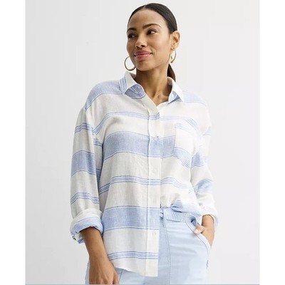 Sonoma Linen Striped Boyfriend Shirt Plus Sz 3X Blue White NWT Coastal Beachy