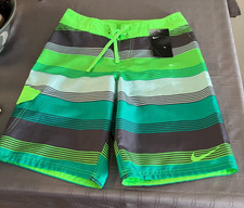 Nike Swin Trunks Boys Striped Neon Green Teal&Grey Beech Pool Size L NWT