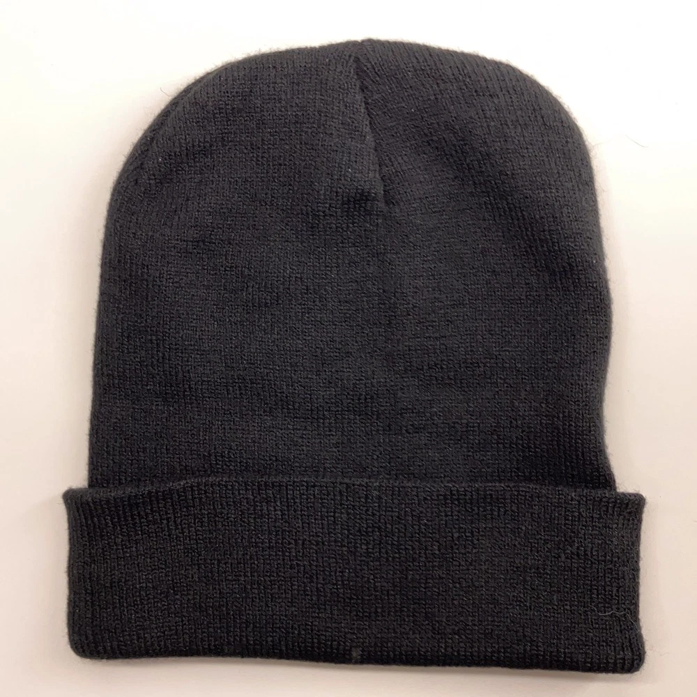 Plain black thin machine knit winter cuff cap