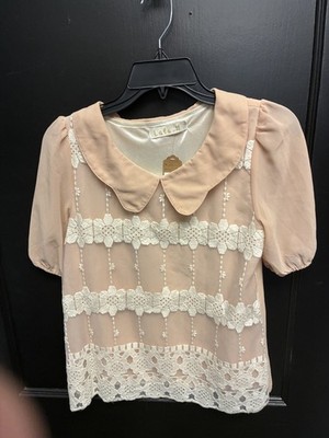 Lafa Peach Chiffon Collared Lace Detail Short Sleeve Blouse Size M