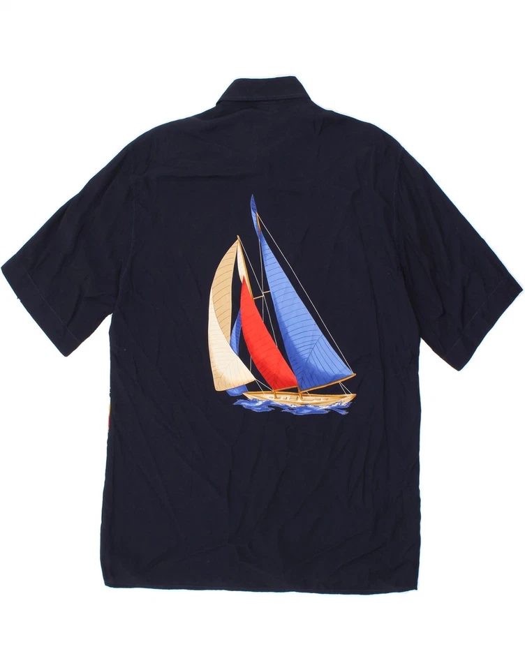 ALBA MODA Mens Graphic Short Sleeve Shirt UK 37/38 Small Navy Blue Viscose OU08 - Image 2 of 3