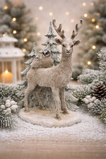 Süße Tierdeko - Tiergruppe Hirsch und Vögel mit Wald, 14 x 20 cm