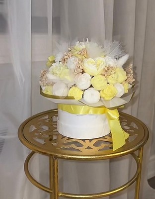 Candle Yellow and White Rose Flower Box Arrangement, Fabric & Synthetic