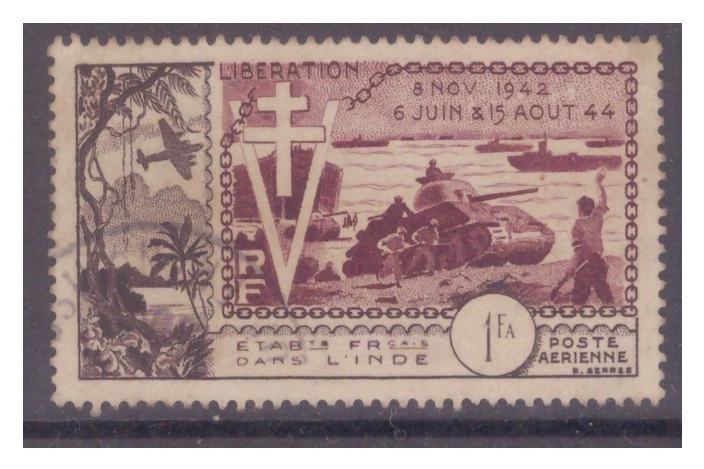 French Indian Settlements 1954 AIR 10th Anniversary of Liberation 1fa Used SG287
