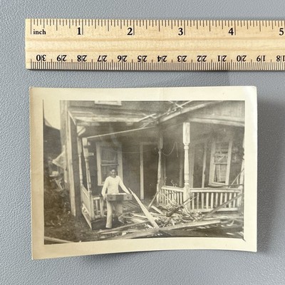 Vtg 1920s Tornado Photo Ross Home Disaster Aftermath Black Man Salvaging 30s B&W