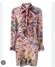 Gucci Silk Shift Web Stripe Floral Crepe Silk Dress Made in Italy Small