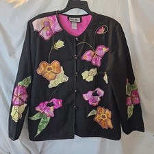 Indigo Moon Button-Up Floral Embroidered Blazer Jacket Sz L Boho Cottagecore