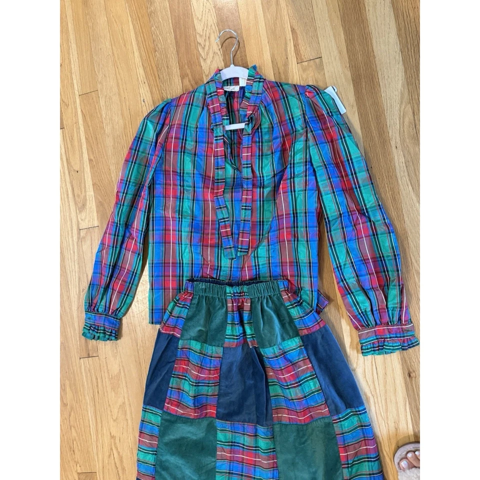 De Colección Años 70 Patchwork Navidad Midi Falda Blusa Conjunto A Juego S preppy Foto 2 de 4