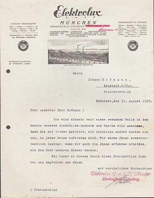 Munich Berlin, letter 1928, Elektrolux GmbH Munich