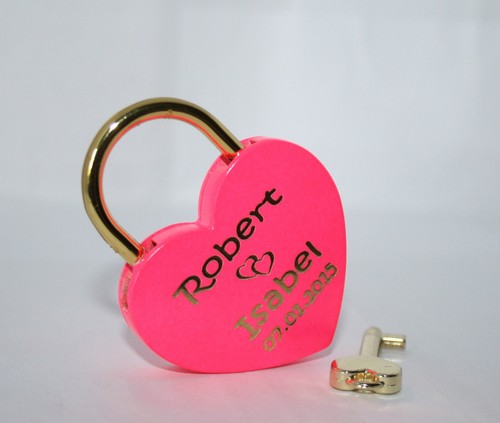 NEU Liebesschloss Herz in neon PINK-gold mit Gravur nach Wunsch Groß 60x45 mm - Picture 4 of 8