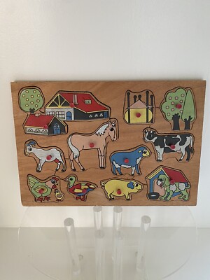 Vintage wooden puzzle farm animals barn 11 pieces with pegs