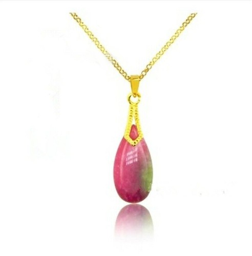 Genuine Red Green Jade Teardrop Drop 18KGP Gold Plated Pendant Chain Necklace - Picture 5 of 8