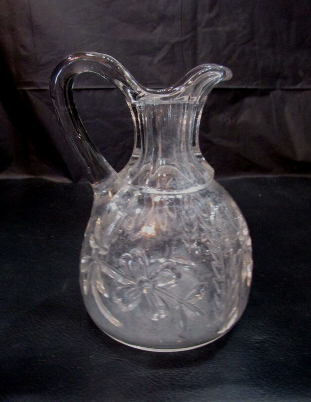 Old 1910's Clear Glass Saddle Oval Ribbed Oil or Vinegar Antique Cruet Pitcher