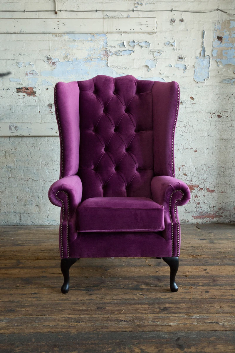 MODERN QUEEN ANNE PURPLE VELVET CHESTERFIELD WING ARMCHAIR EXTRA