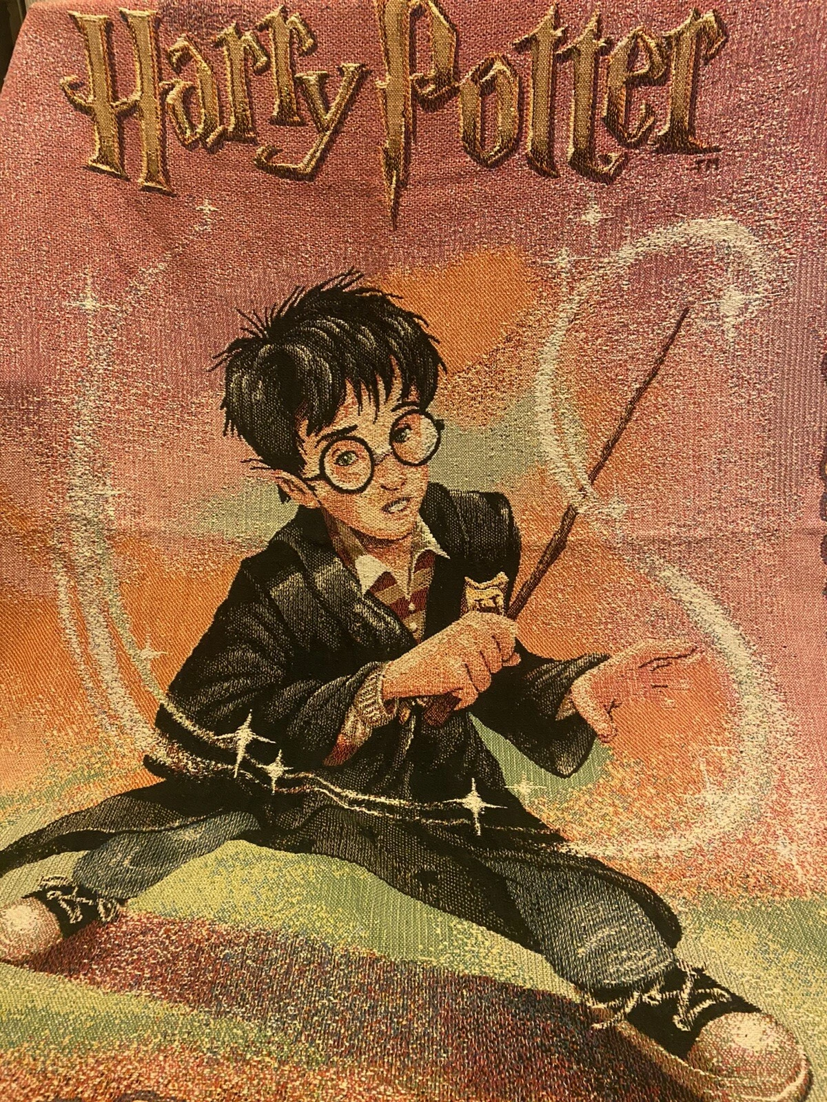 VTG 2000 Harry Potter Woven Tapestry Throw Blanket EUC Wand Magic Disney Gift